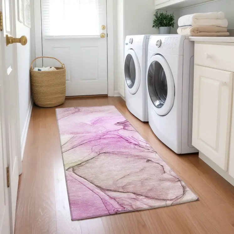 8' Runner Pink Abstract Washable Non Skid Indoor Outdoor Runner Rug