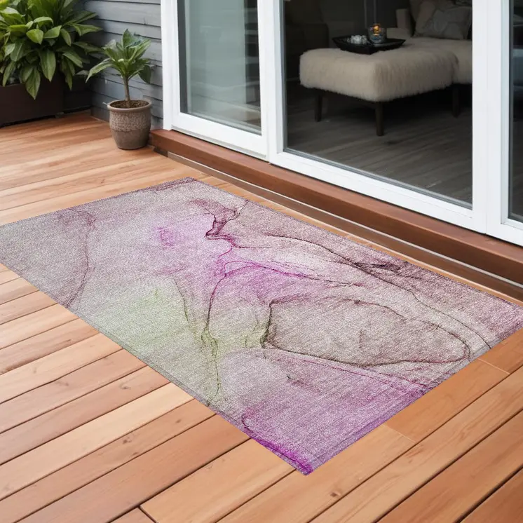 3' X 5' Pink Abstract Washable Non Skid Indoor Outdoor Area Rug