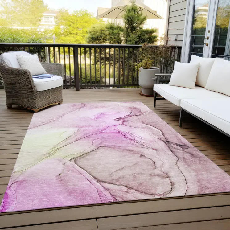 5' X 8' Pink Abstract Washable Non Skid Indoor Outdoor Area Rug