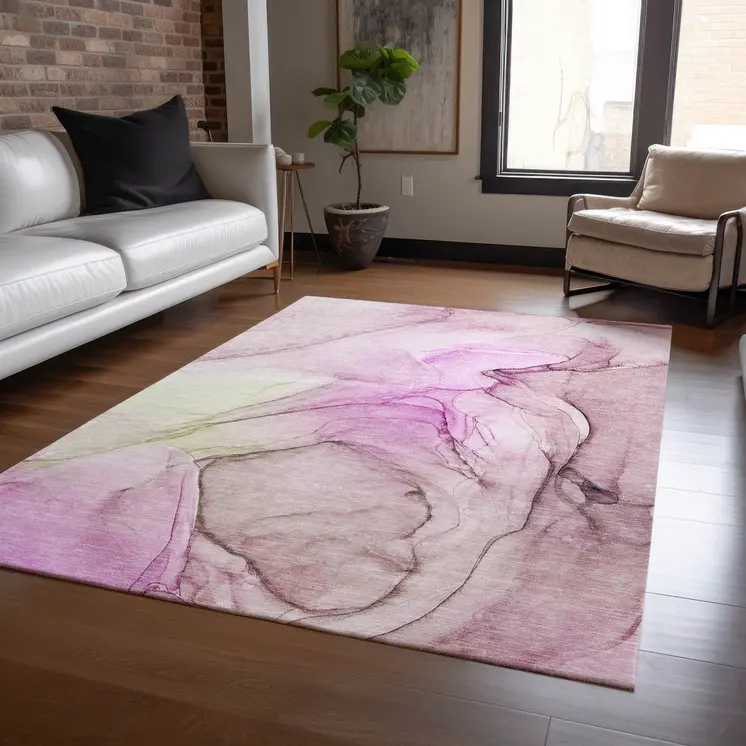 5' X 8' Pink Abstract Washable Non Skid Indoor Outdoor Area Rug