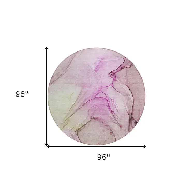 8' Round Pink Round Abstract Washable Non Skid Indoor Outdoor Area Rug