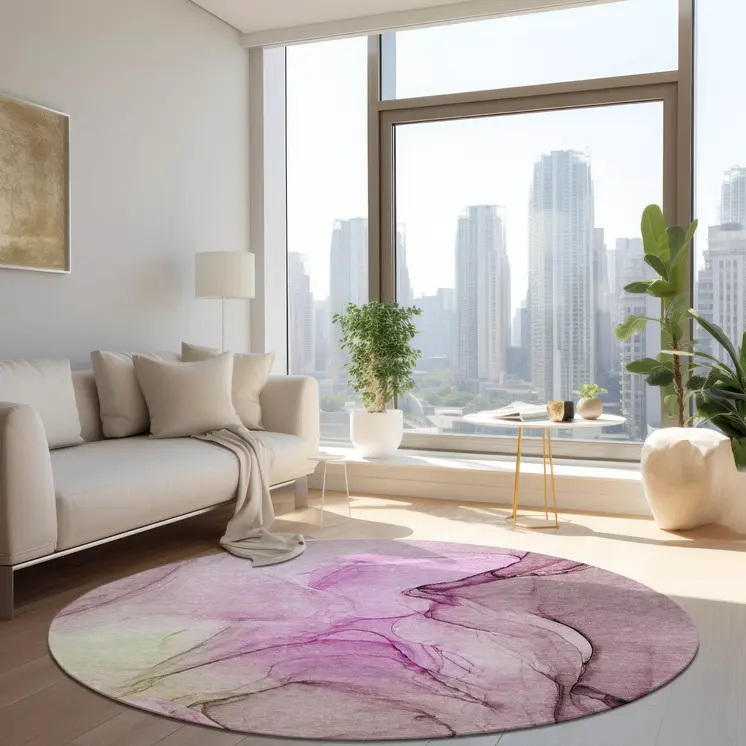 8' Round Pink Round Abstract Washable Non Skid Indoor Outdoor Area Rug