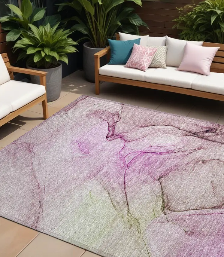 10' X 14' Pink Abstract Washable Non Skid Indoor Outdoor Area Rug
