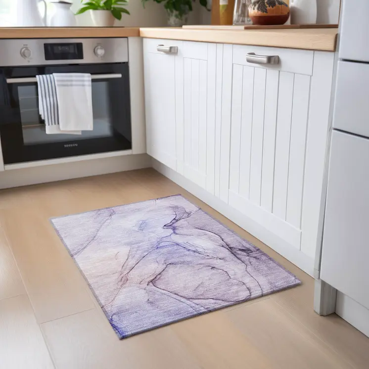 2' X 3' Gray and Purple Abstract Washable Non Skid Indoor Outdoor Area Rug