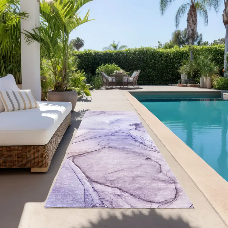 2' X 8' Gray and Purple Abstract Washable Non Skid Indoor Outdoor Runner Rug
