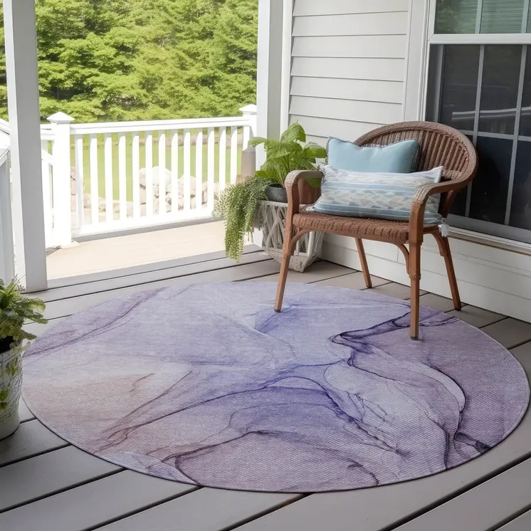 8' Round Gray and Purple Round Abstract Washable Non Skid Indoor Outdoor Area Rug