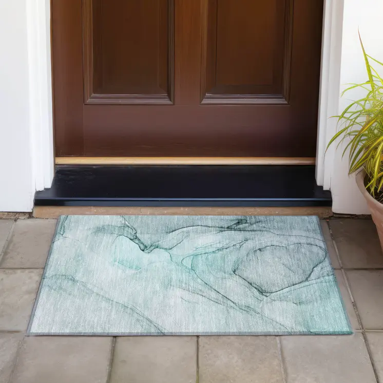 2' X 3' Teal Abstract Washable Non Skid Indoor Outdoor Area Rug