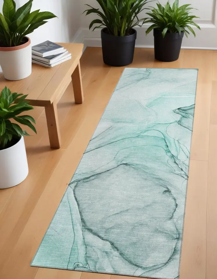 2' X 8' Teal and Gray Abstract Washable Non Skid Indoor Outdoor Runner Rug