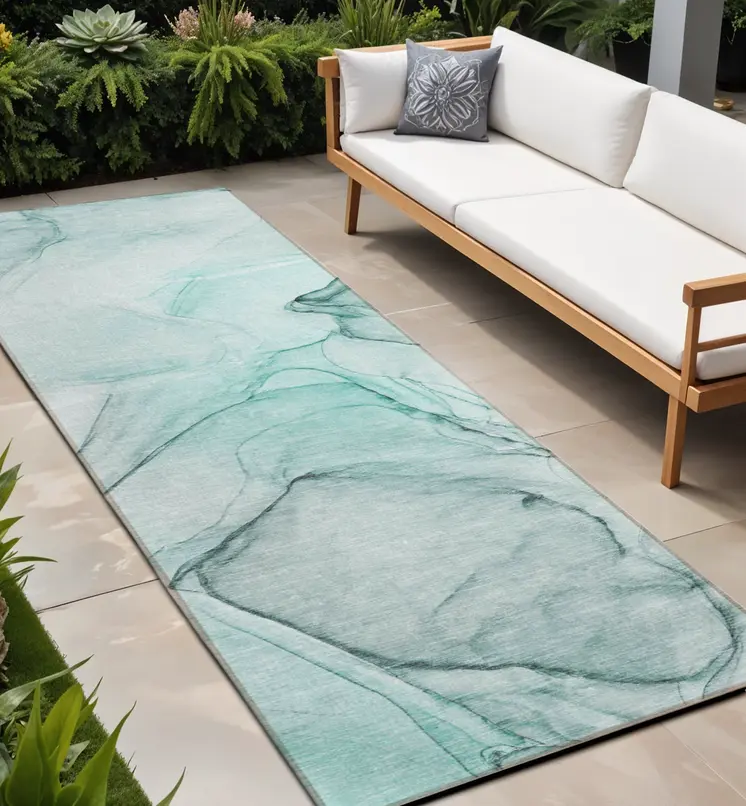2' X 8' Teal and Gray Abstract Washable Non Skid Indoor Outdoor Runner Rug