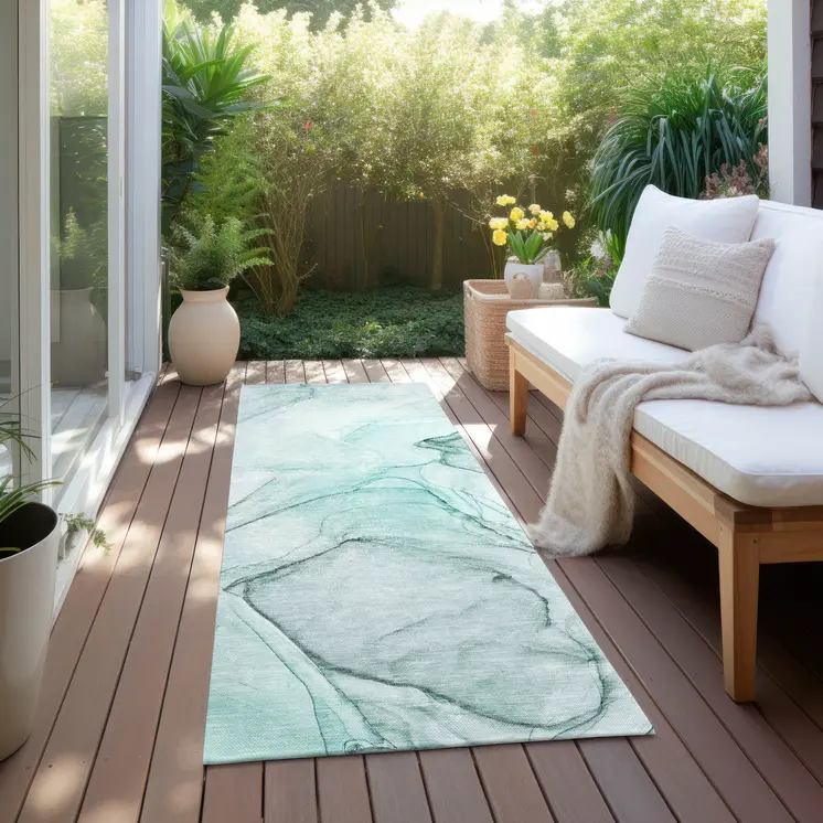 2' X 8' Teal and Gray Abstract Washable Non Skid Indoor Outdoor Runner Rug