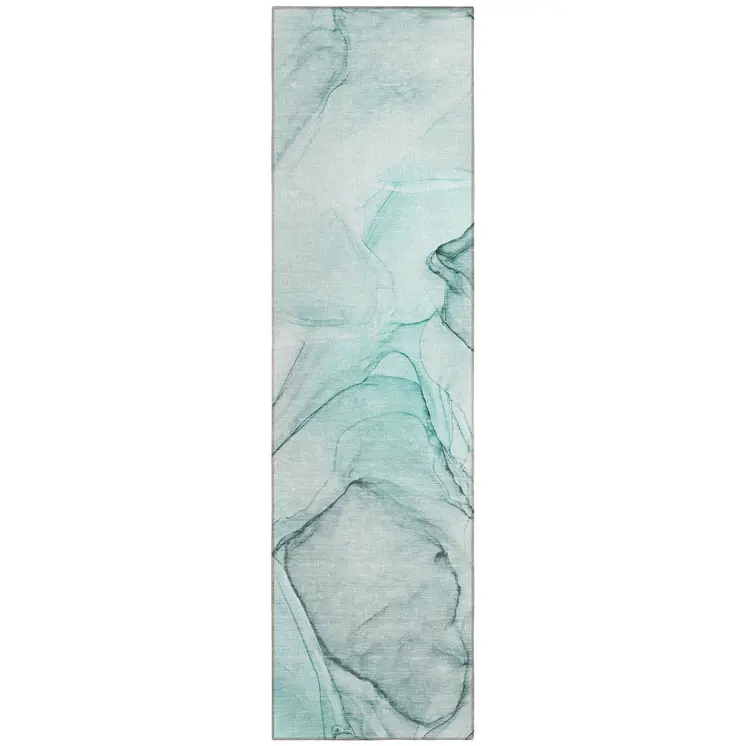 2' X 8' Teal and Gray Abstract Washable Non Skid Indoor Outdoor Runner Rug
