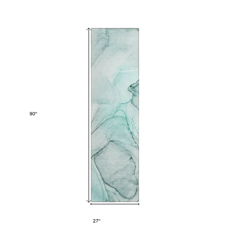 2' X 8' Teal and Gray Abstract Washable Non Skid Indoor Outdoor Runner Rug
