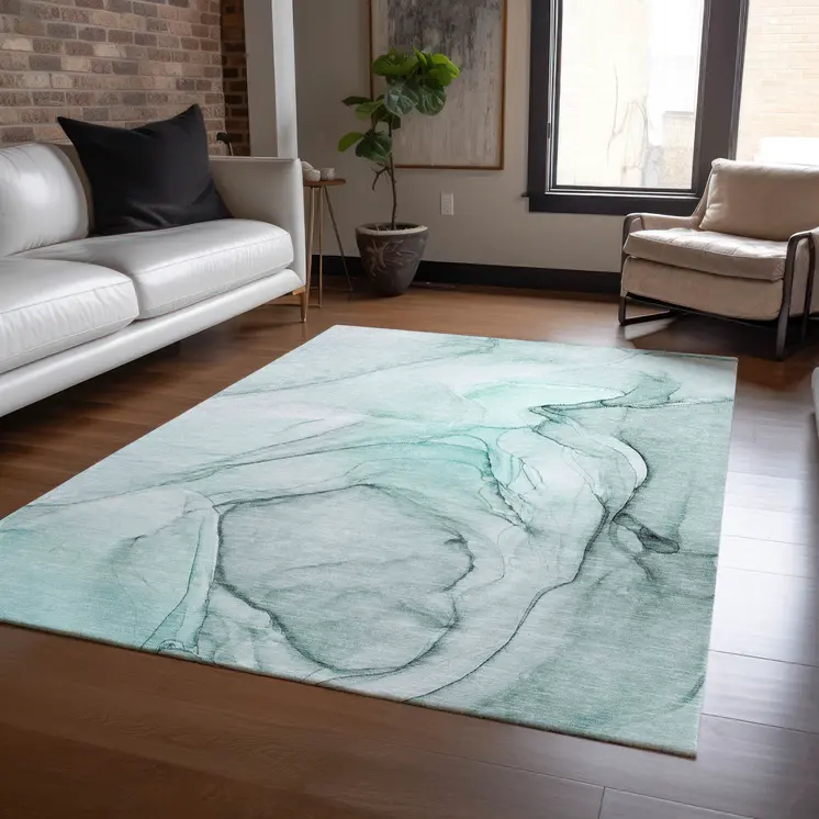 10' X 14' Teal Abstract Washable Non Skid Indoor Outdoor Area Rug
