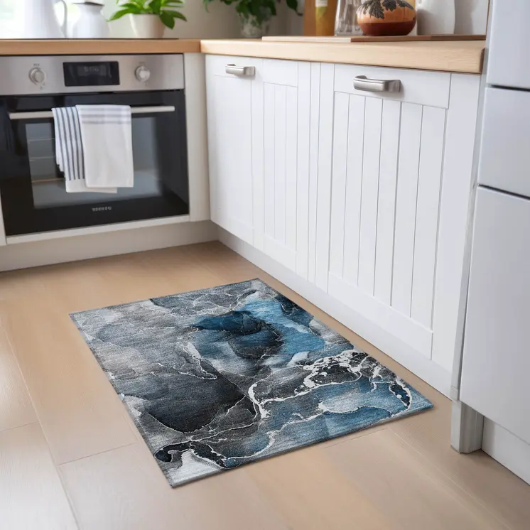 2' X 3' Ivory Blue and Gray Abstract Washable Non Skid Indoor Outdoor Area Rug