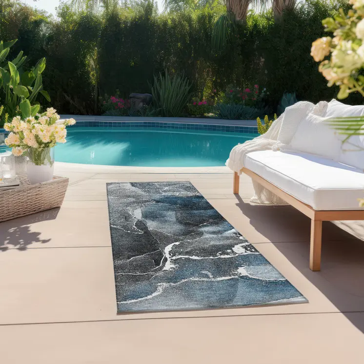 8' Ivory Blue And Gray Abstract Washable Indoor Outdoor Runner Rug