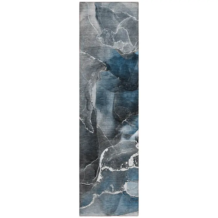 8' Ivory Blue And Gray Abstract Washable Indoor Outdoor Runner Rug