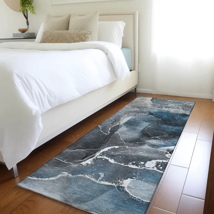 8' Ivory Blue And Gray Abstract Washable Indoor Outdoor Runner Rug