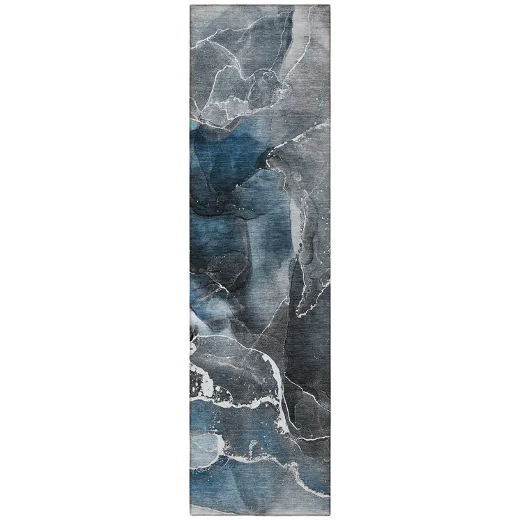 8' Ivory Blue And Gray Abstract Washable Indoor Outdoor Runner Rug