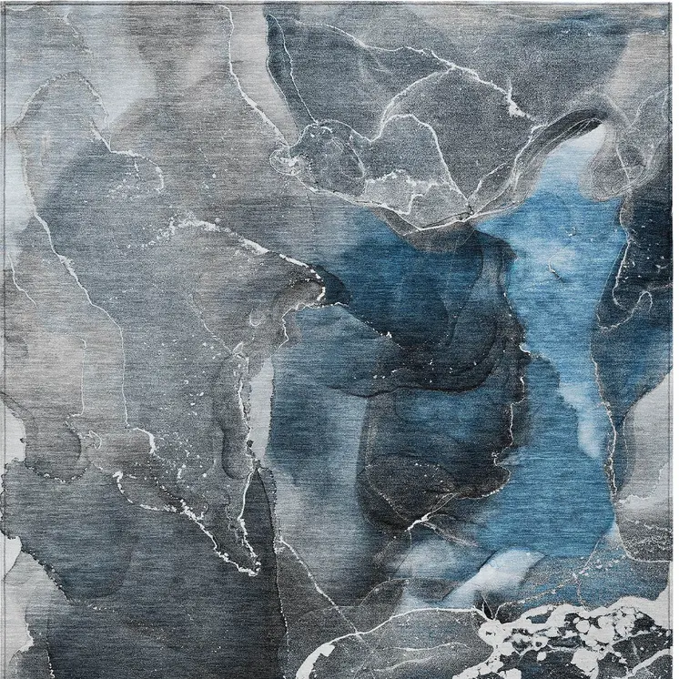 3' X 5' Ivory Blue and Gray Abstract Washable Non Skid Indoor Outdoor Area Rug