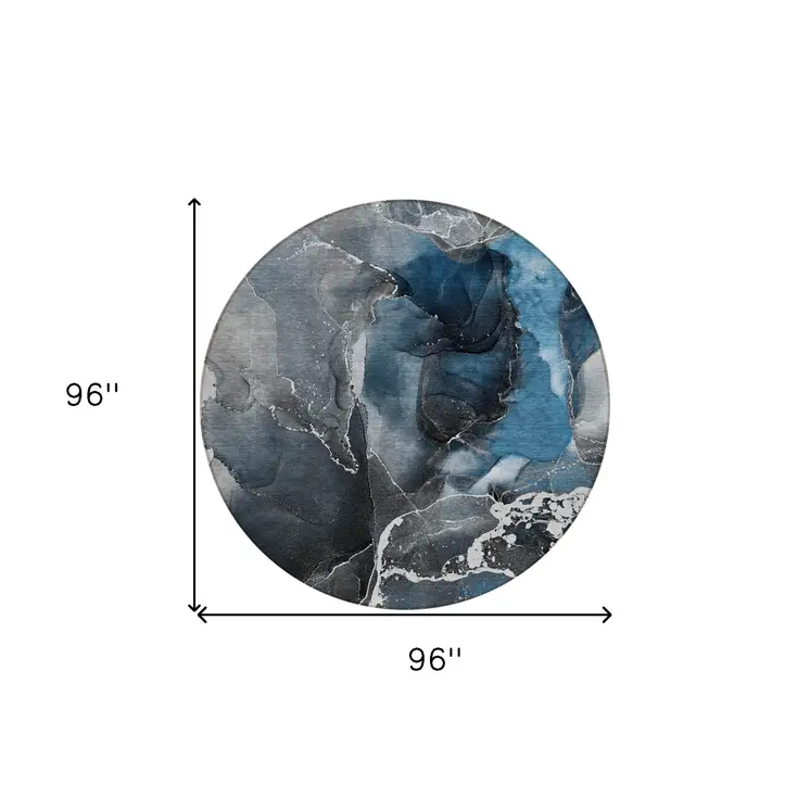 8' Round Ivory Blue and Gray Round Abstract Washable Non Skid Indoor Outdoor Area Rug