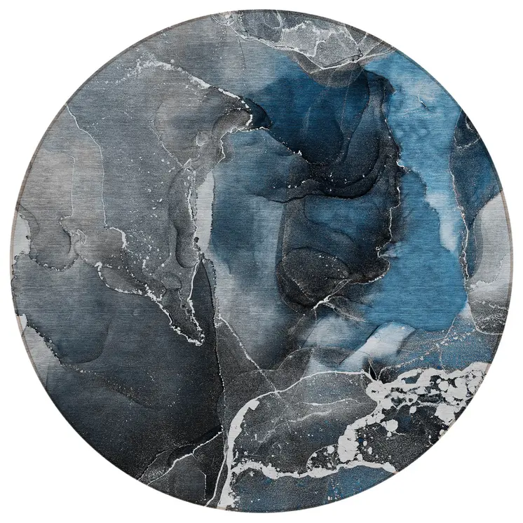8' Round Ivory Blue and Gray Round Abstract Washable Non Skid Indoor Outdoor Area Rug