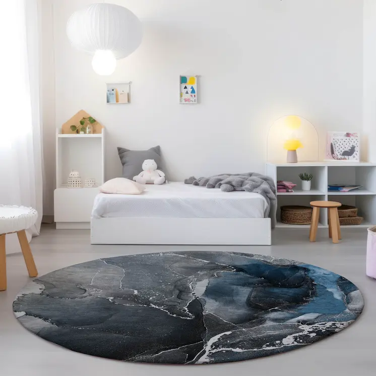 8' Round Ivory Blue and Gray Round Abstract Washable Non Skid Indoor Outdoor Area Rug