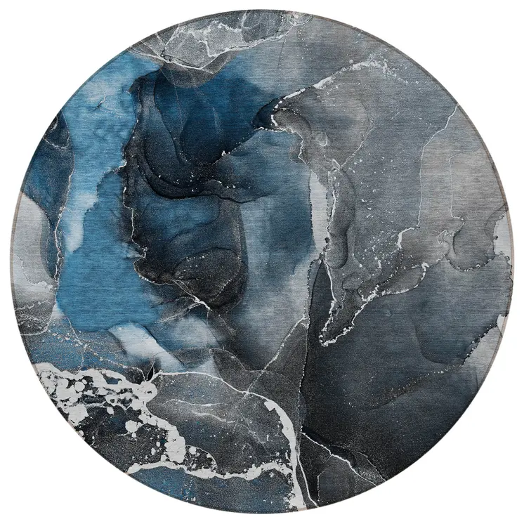 8' Round Ivory Blue and Gray Round Abstract Washable Non Skid Indoor Outdoor Area Rug