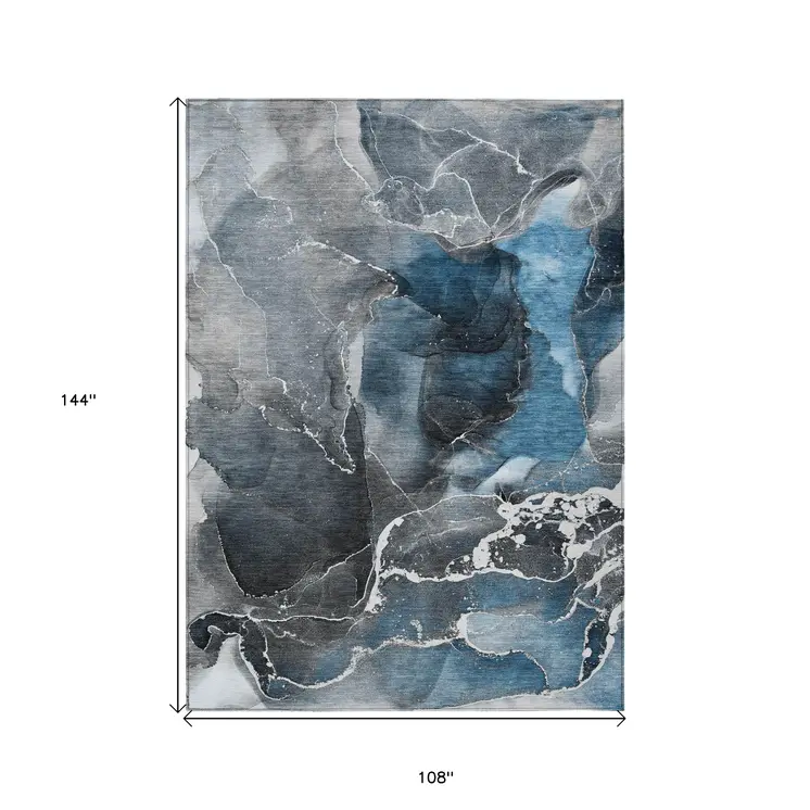 9' X 12' Ivory Blue and Gray Abstract Washable Non Skid Indoor Outdoor Area Rug
