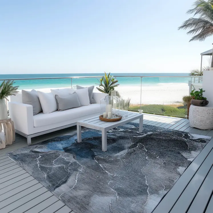 9' X 12' Ivory Blue and Gray Abstract Washable Non Skid Indoor Outdoor Area Rug
