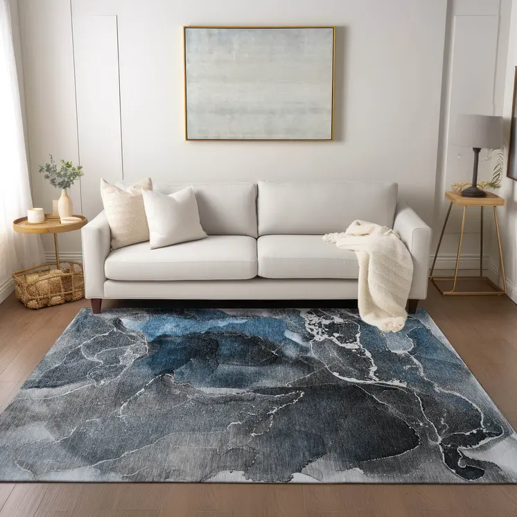 9' X 12' Ivory Blue and Gray Abstract Washable Non Skid Indoor Outdoor Area Rug
