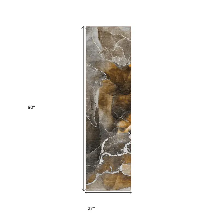 8' Runner Brown and Gray Abstract Washable Non Skid Indoor Outdoor Runner Rug