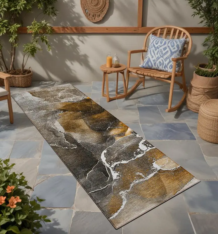 8' Runner Brown and Gray Abstract Washable Non Skid Indoor Outdoor Runner Rug