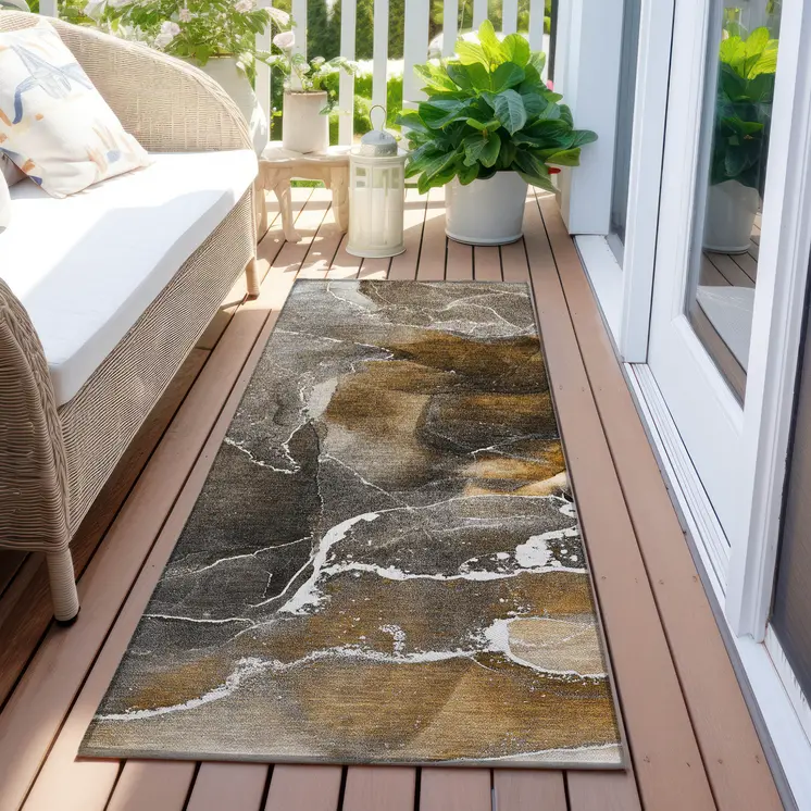8' Runner Brown and Gray Abstract Washable Non Skid Indoor Outdoor Runner Rug