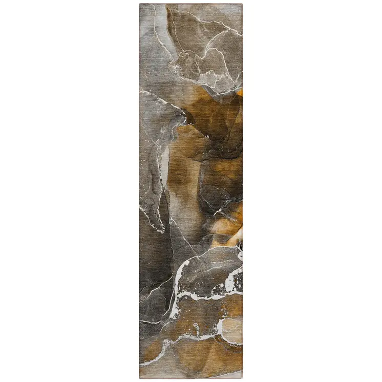 8' Runner Brown and Gray Abstract Washable Non Skid Indoor Outdoor Runner Rug