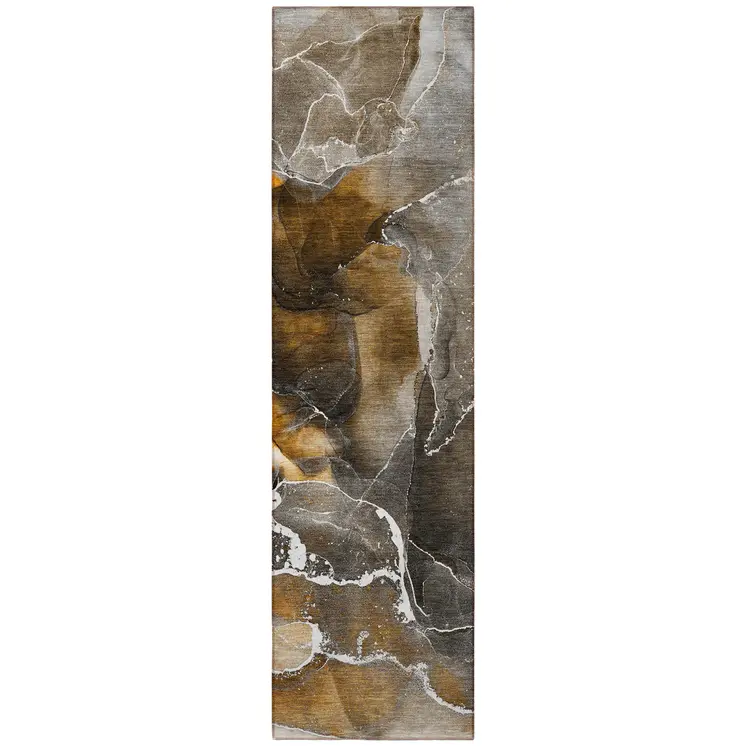 8' Runner Brown and Gray Abstract Washable Non Skid Indoor Outdoor Runner Rug