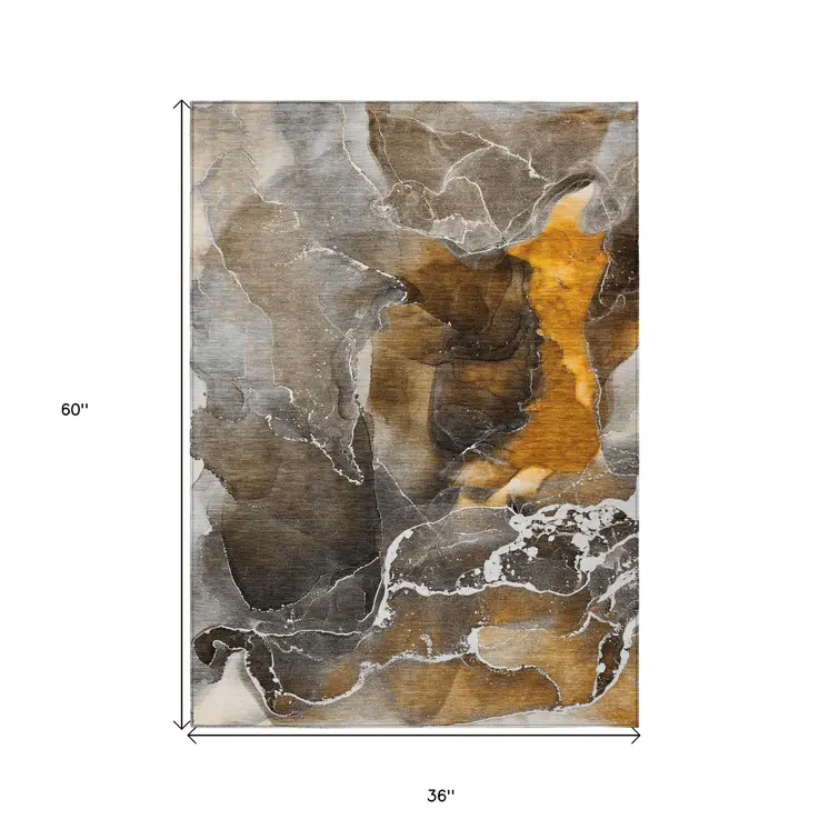 3' X 5' Brown and Gray Abstract Washable Non Skid Indoor Outdoor Area Rug