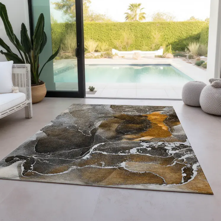 3' X 5' Brown and Gray Abstract Washable Non Skid Indoor Outdoor Area Rug