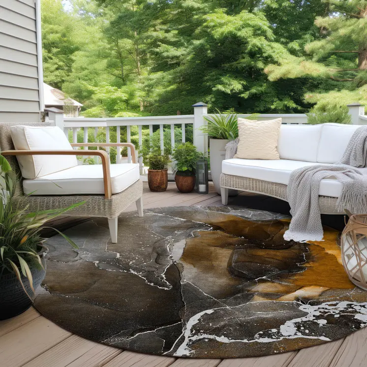 8' Brown And Gray Round Abstract Washable Indoor Outdoor Area Rug