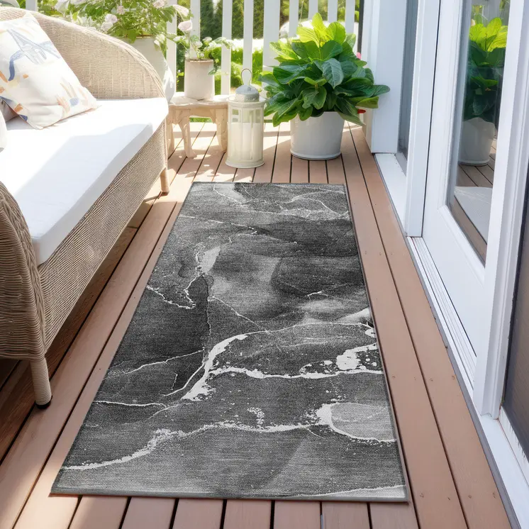 8' Runner Black Gray and White Abstract Washable Non Skid Indoor Outdoor Runner Rug