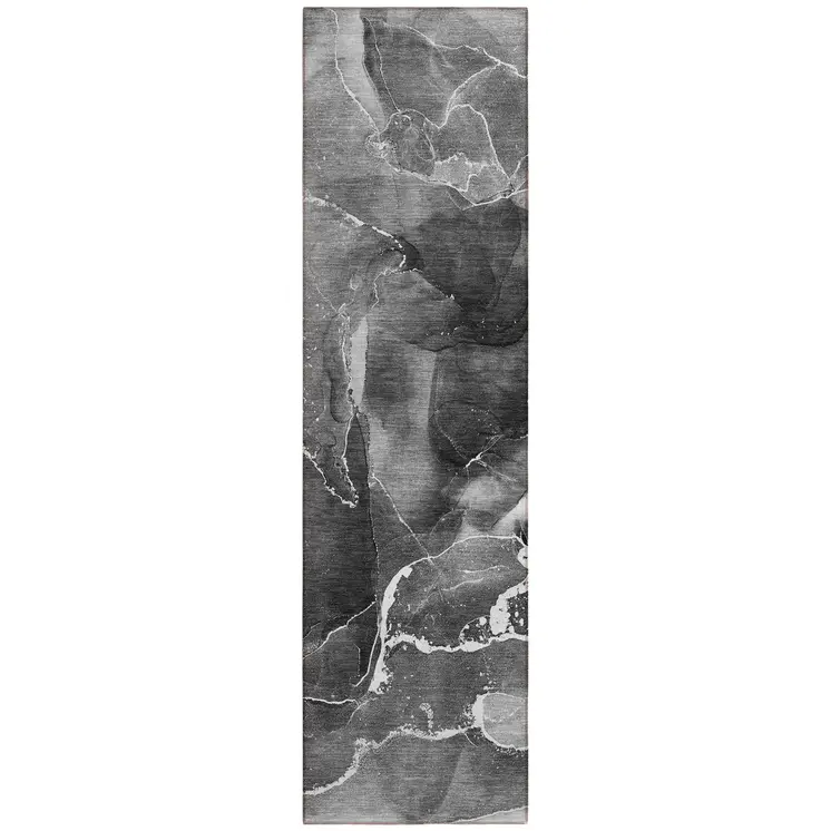 8' Runner Black Gray and White Abstract Washable Non Skid Indoor Outdoor Runner Rug