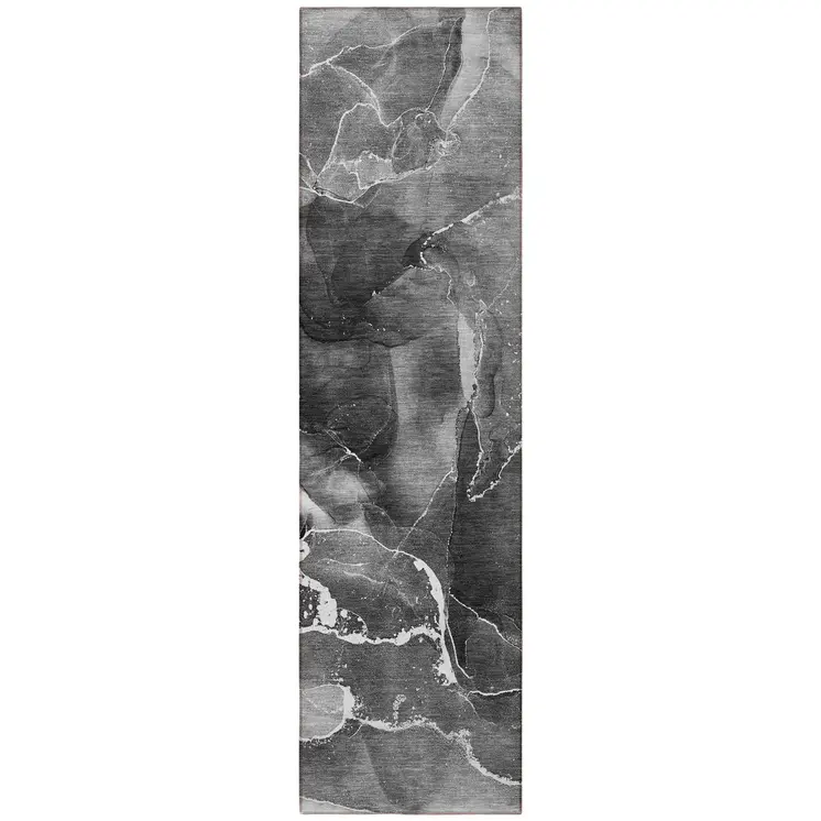 8' Runner Black Gray and White Abstract Washable Non Skid Indoor Outdoor Runner Rug