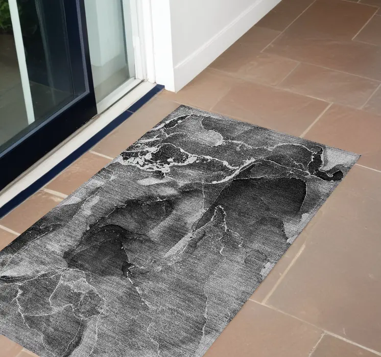 3' X 5' Black Gray and White Abstract Washable Non Skid Indoor Outdoor Area Rug