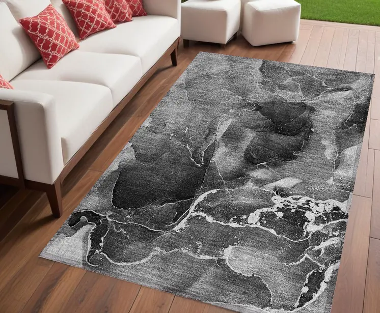 5' X 8' Black Gray and White Abstract Washable Non Skid Indoor Outdoor Area Rug
