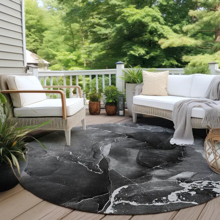 8' Round Black Gray and White Round Abstract Washable Non Skid Indoor Outdoor Area Rug