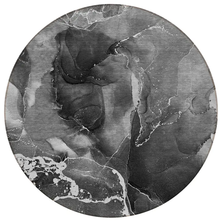 8' Round Black Gray and White Round Abstract Washable Non Skid Indoor Outdoor Area Rug