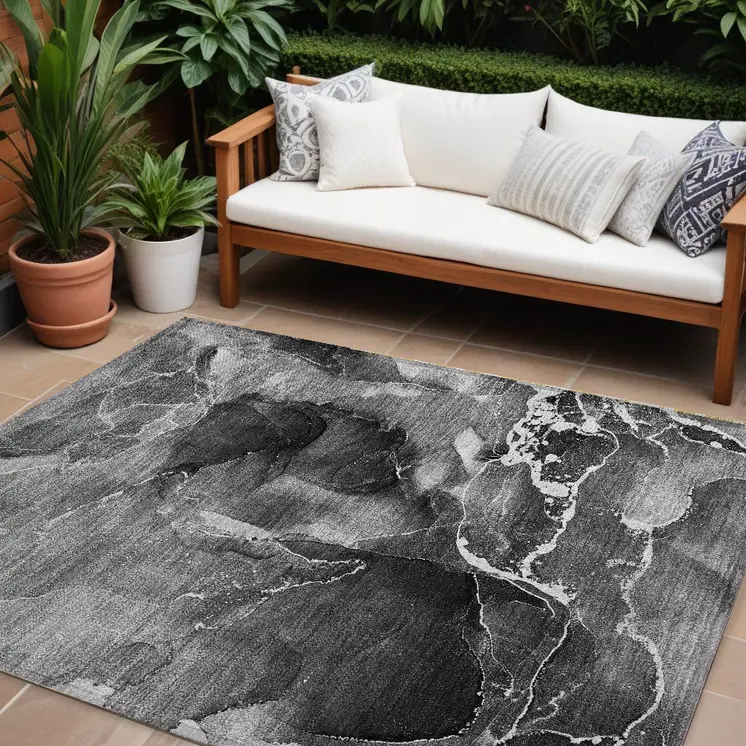 8' X 10' Black Gray And White Abstract Washable Indoor Outdoor Area Rug