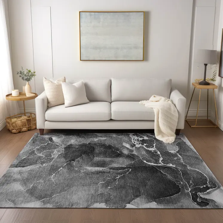 8' X 10' Black Gray And White Abstract Washable Indoor Outdoor Area Rug