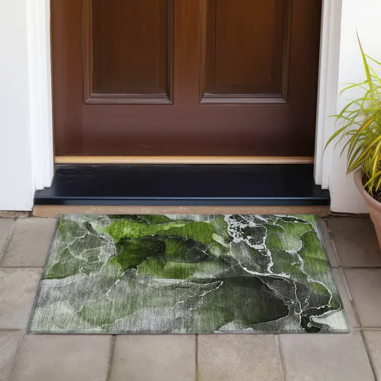 2' X 3' Green Abstract Washable Non Skid Indoor Outdoor Area Rug