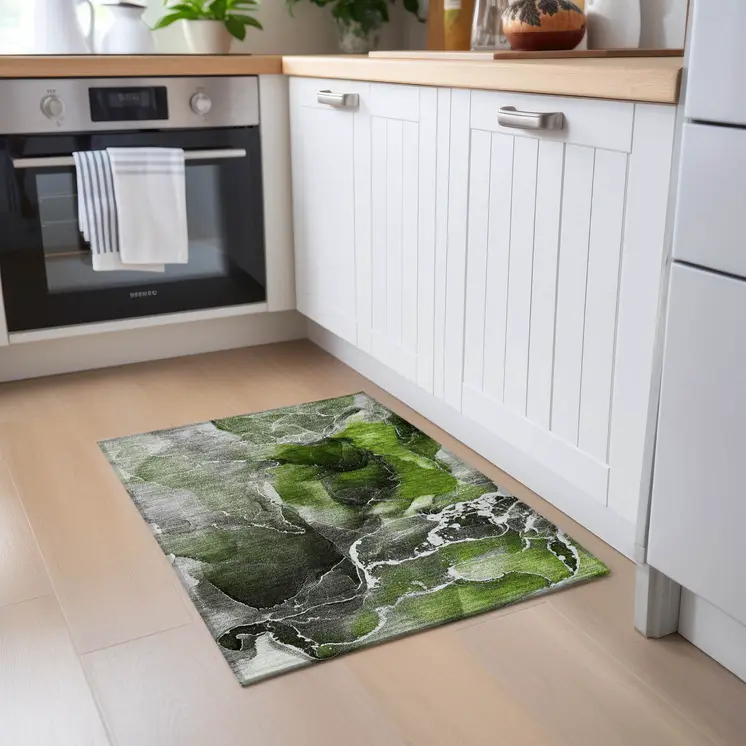 2' X 3' Green Abstract Washable Non Skid Indoor Outdoor Area Rug