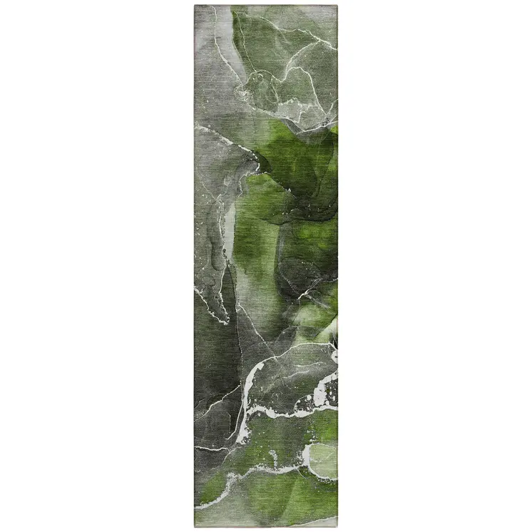 8' Runner Green Abstract Washable Non Skid Indoor Outdoor Runner Rug